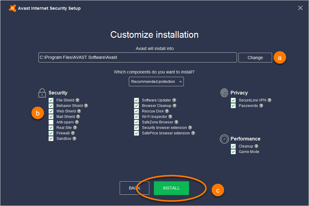 which avast components to install