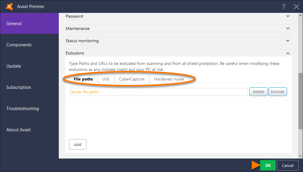 avast set exclusions