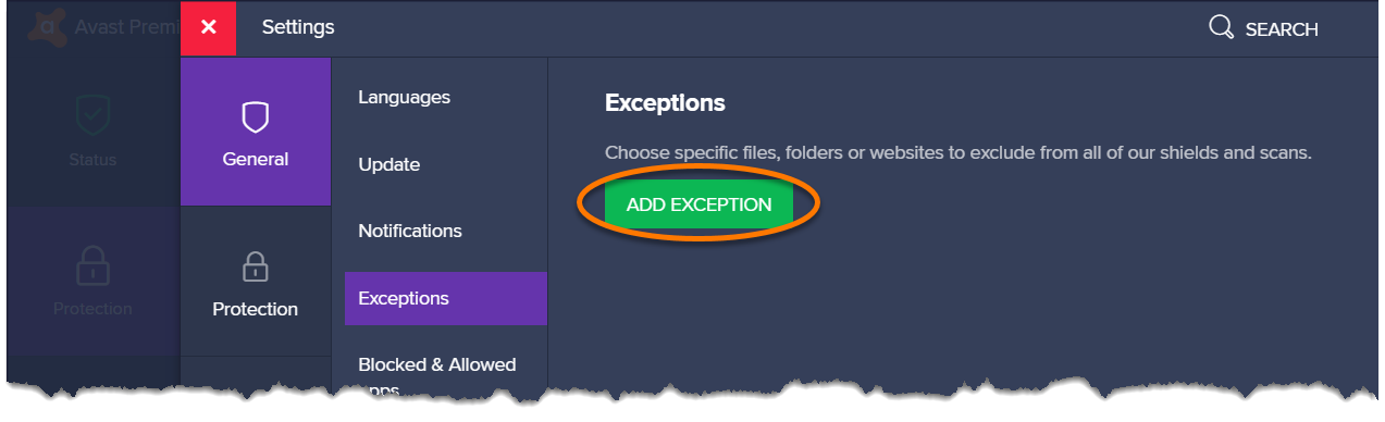 avast antivirus add exception