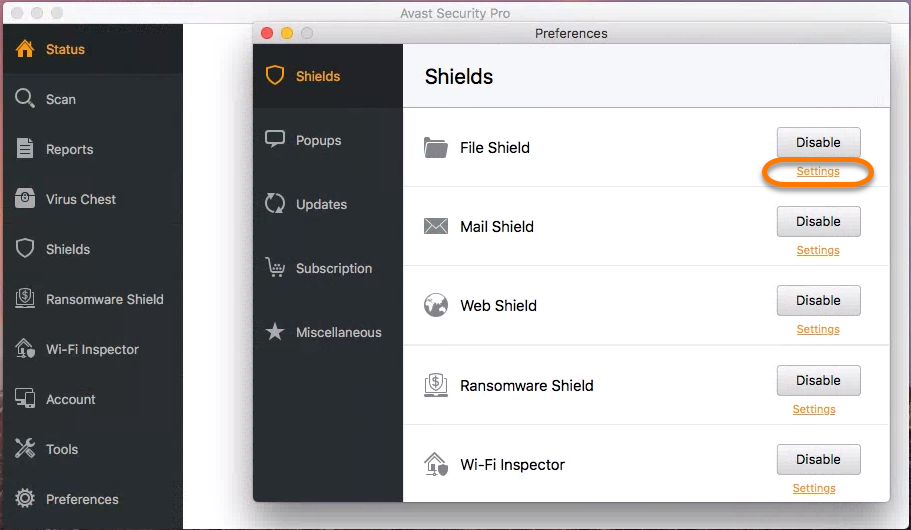 Mac extensions in settings for avast