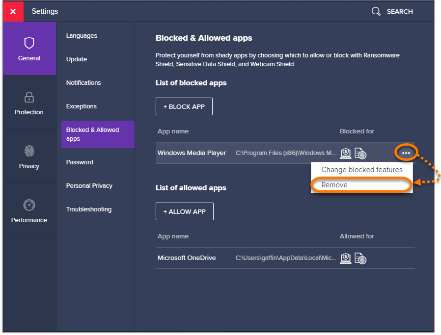 Using the Blocked & Allowed apps settings screen in Avast