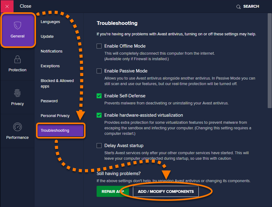 how to turn on avast antivirus for certain apps