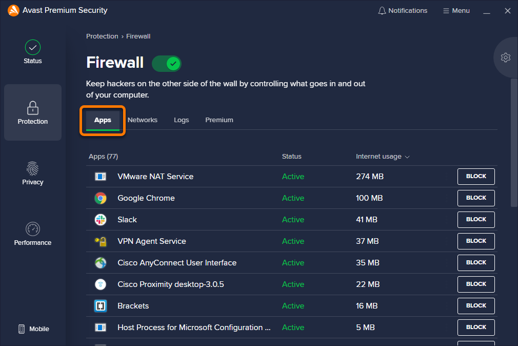 check avast firewall settings