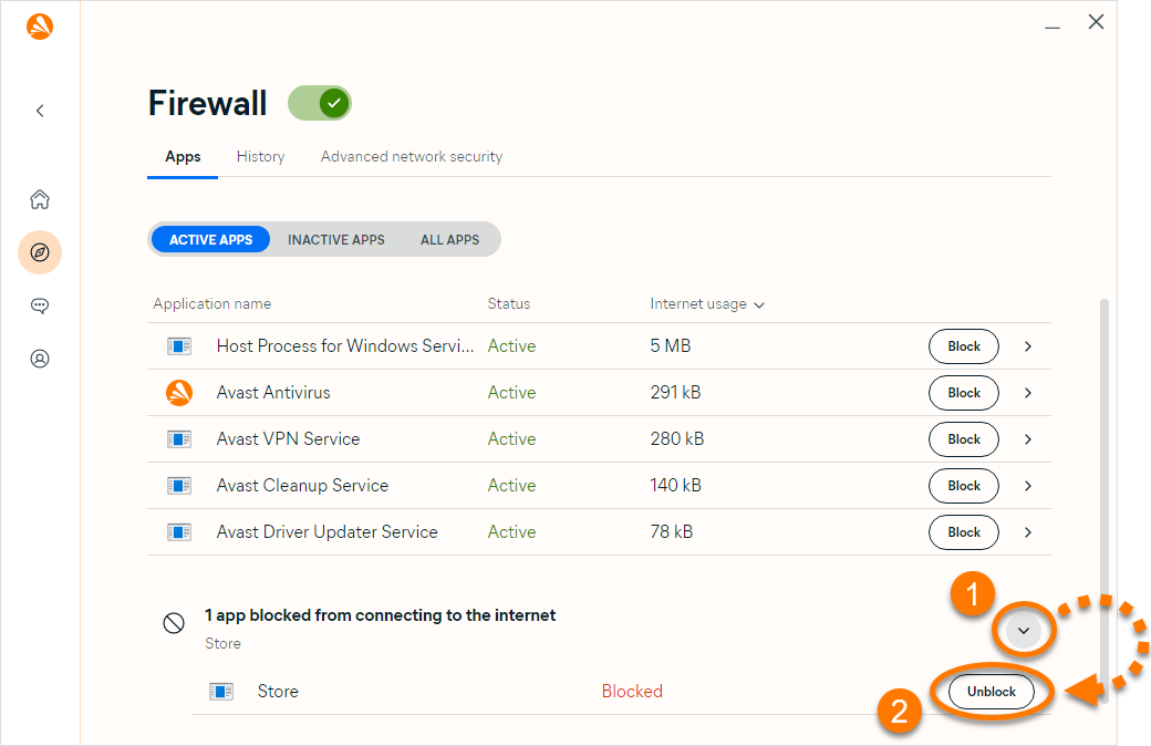 how do i unblock mailbird in avast firewall